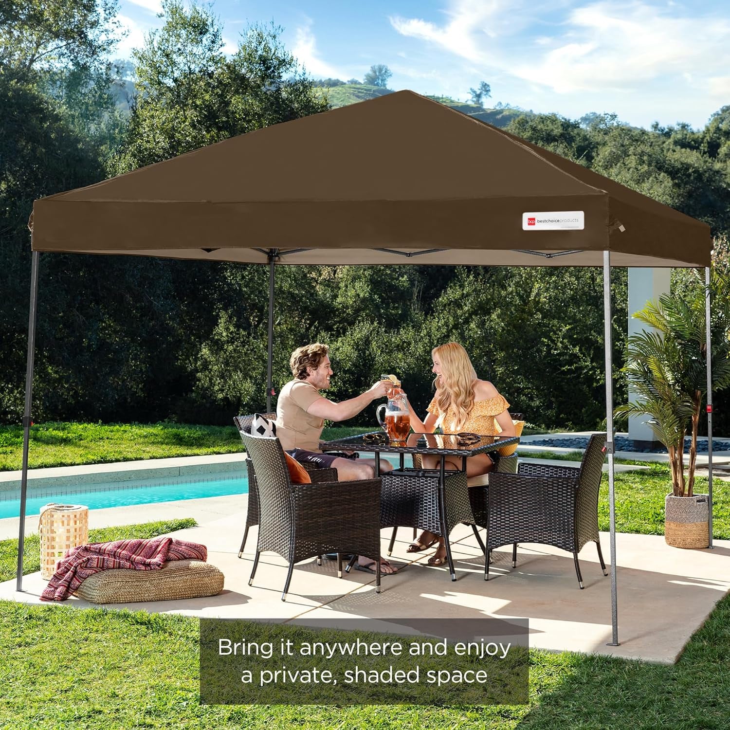 10X10Ft 1-Person Setup Pop up Canopy Tent Instant Portable Shelter W/ 1-Button Push, Case, 4 Weight Bags - Brown