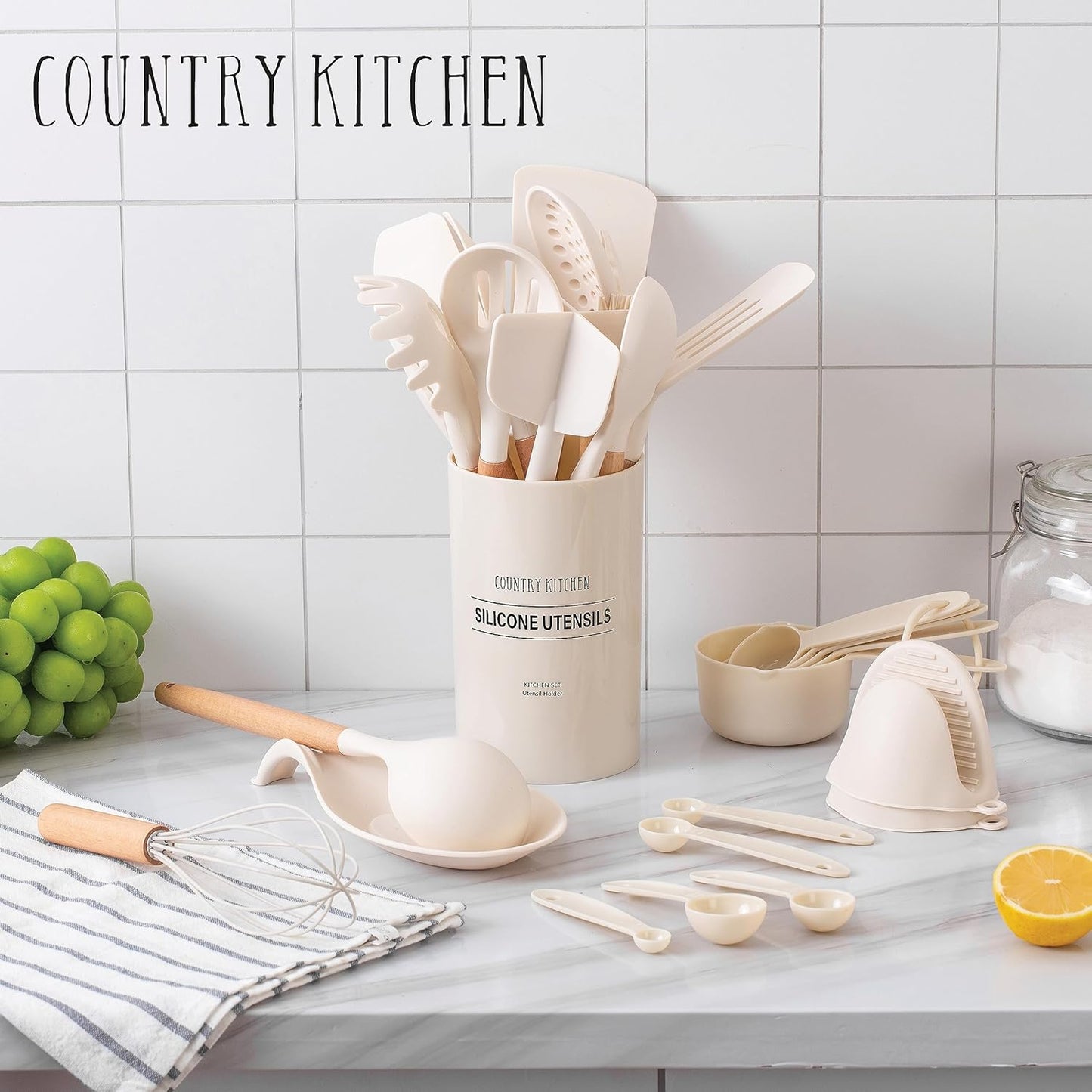 Cooking Utensils Set - 38 Pcs Non-Stick Silicone Spatula Set with Holder, Wooden Handles and Heat Resistant Gadgets Utensil